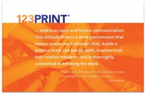 The 123Print Brand Identity embraces values, honesty and the customer experience.