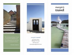 Three travel images including a staircase in a foreign country, a doorway on a cliff-side, and a wooden walkway across the water are presented on this travel brochure template with accents of blue and green. Blocks of white and black text complete the design. 