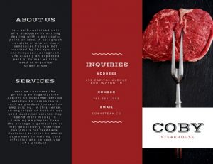 Black and red panels showcase a large uncooked steak held up with metal prongs with white, red, and black text on this brochure that advertises for a restaurant.