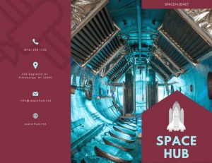 The view inside a spaceship is presented in tones of burgundy, blue, and gray on this marketing brochure. 