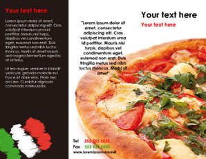 A large pizza-pie and colors of red, white, green, and black are presented on this brochure template.