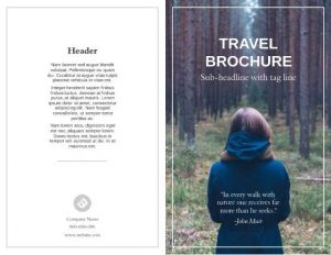 This travel brochure template features one large image where a woman in a blue coat walks through the woods, her back to the camera. Portions of black and white text complete the design.
