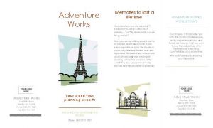 Travel icons like the Eiffel Tower and the Taj Mahal make up this brochure template with burnt orange, blue, gray, black, and pale yellow text.
