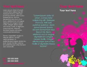 Paint splashes in vibrant pink, magenta, yellow, and sky blue, a silhouette of a female singer, and text in corresponding colors make up this brochure template. 