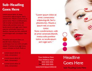 This brochure template showcases various shades of nail polish, focused on tones of red and orange, with an attractive model.