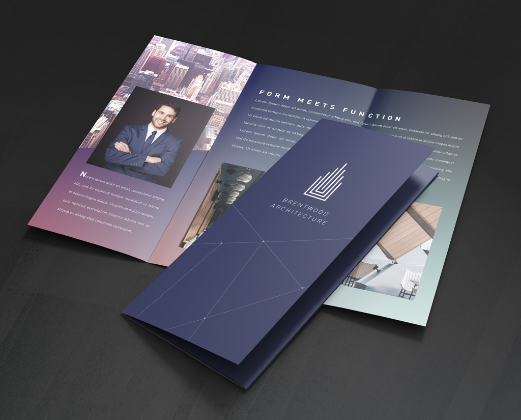 A tri-fold brochure in deep tones of purple and blue is presented both open and closed. A business man is pictured on the inside with his arms crossed against a city background.