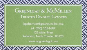 Decorative blue, white, and green business card with a geometric border advertising for a law firm.