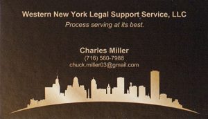 Black and gold business card with a simplistic cityscape and contact info for a process serving business.