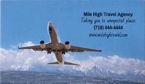 Business card with an airplane taking off advertising for a travel agency.