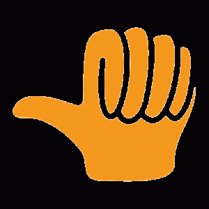 An orange icon of a sideways thumb on a black background.