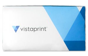 A blue and white Vistaprint box.