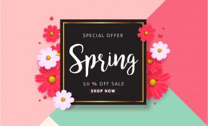 A colorful spring promotion uses boilerplate text. flowers, and colors of pink, punch, teal, white, black, and gold to showcase the example.