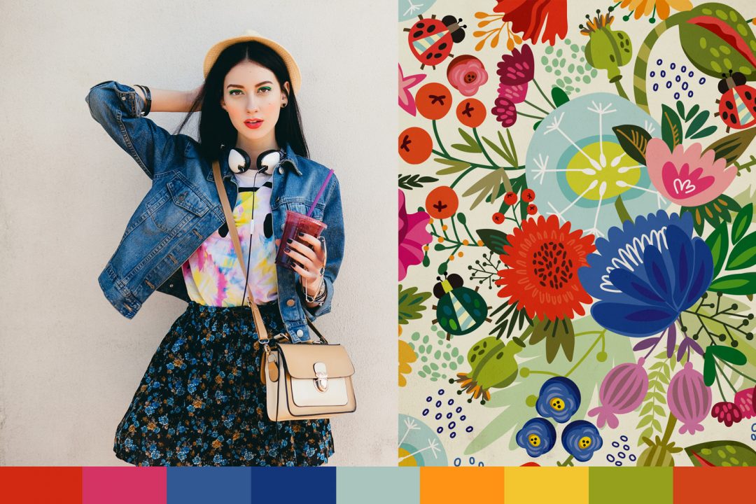 A color swatch, a floral pattern, and a young attractive woman in funky and colorful clothing.