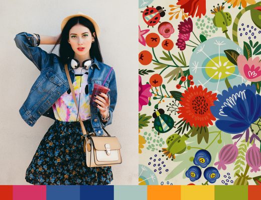 A color swatch, a floral pattern, and a young attractive woman in funky and colorful clothing.
