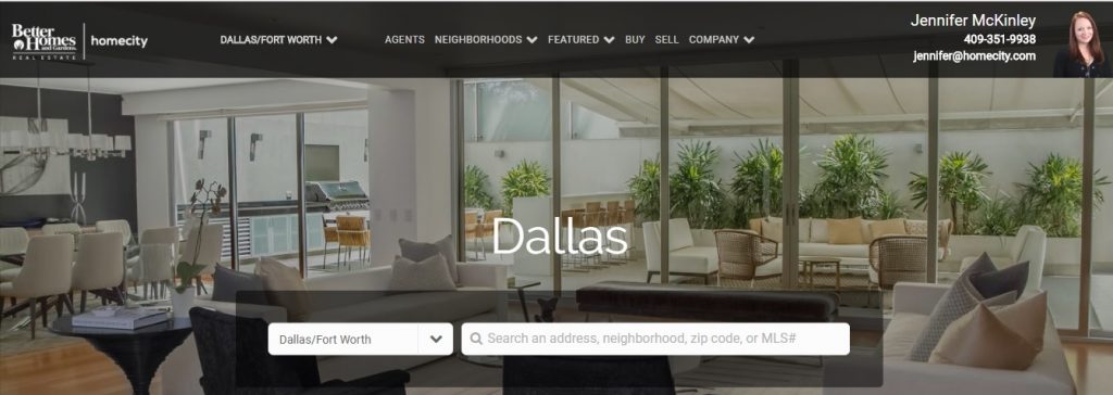 Better Homes and Gardens website with beautiful Dallas property, white text, and a black border.