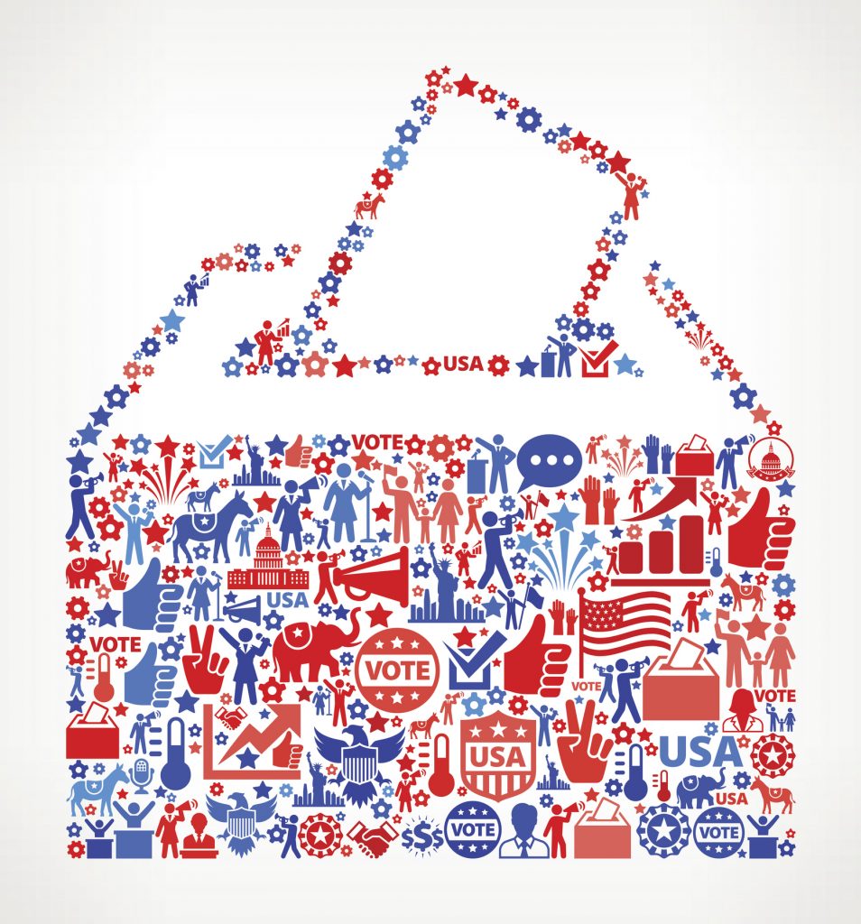 Ballot Vote and Elections USA Patriotic Icon Pattern. This 100% vector composition features red and blue vote and elections icon pattern. The icons vary in size and include such election iconography as voting, candidates, leadership, voting ballots, republican and democratic symbols and people participating in the voting process.