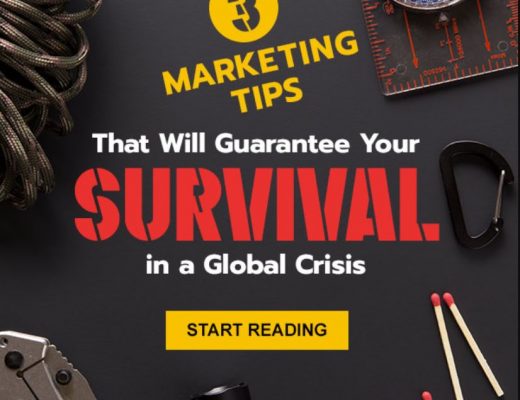 Survival items like matches and tools complement a message of '3 Tips That Will Guarantee Your Survival in a Global Crisis' in yellow, white, red, and black.