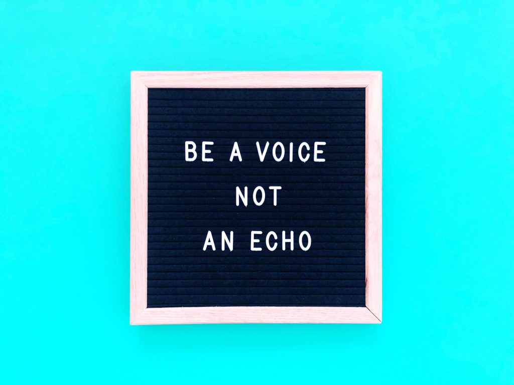 Vibrant, light blue background with a black and white sign that reads, "BE A VOICE NOT AN ECHO," in all caps.