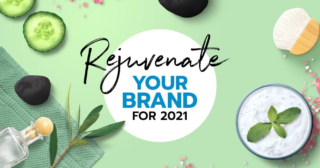 Stylish text reads, 'Rejuvenate Your Brand For 2021' in black and blue text against a white circle and a muted green background with a spa-like theme.