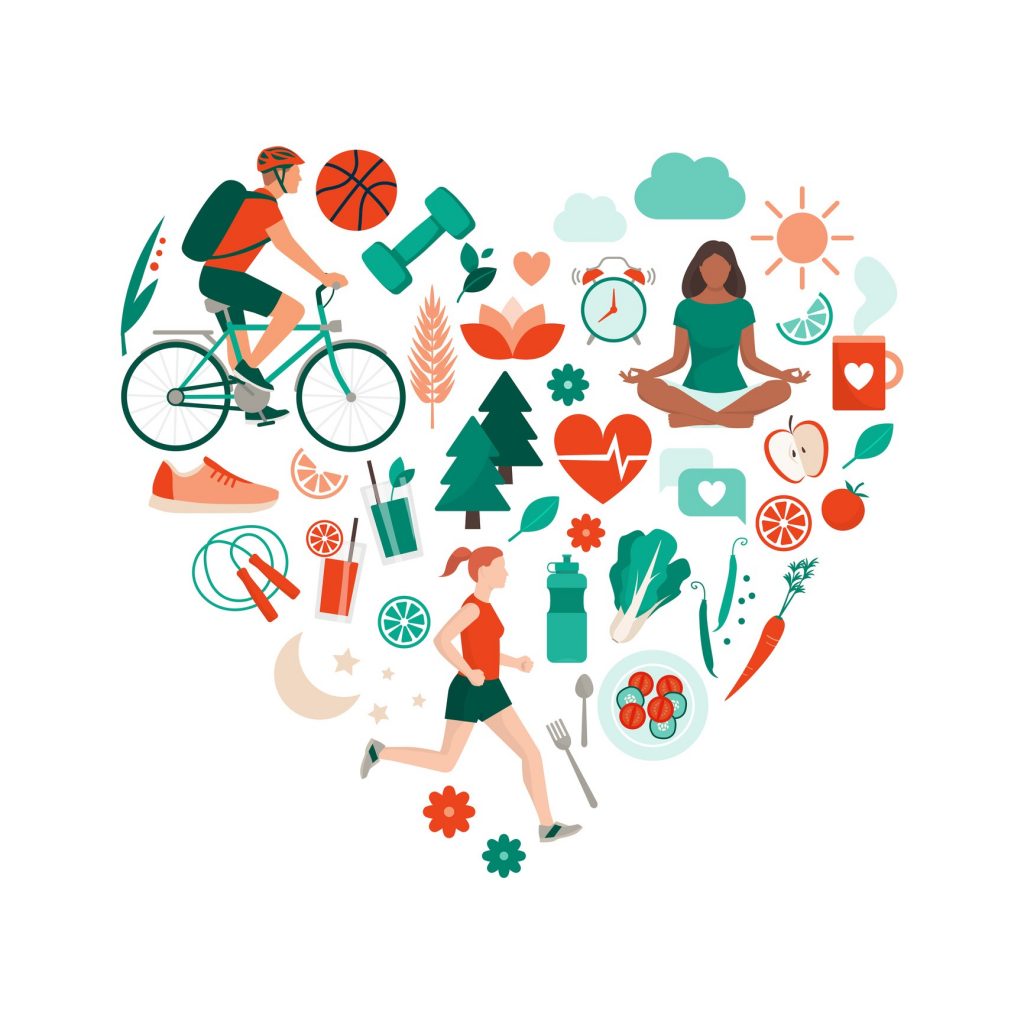 Healthy lifestyle and self-care concept with food, sports and nature icons arranged in a heart shape