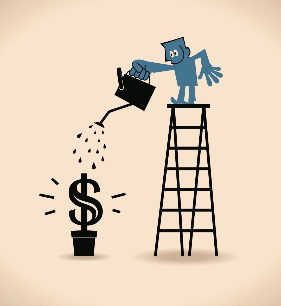 Businessman on top of ladder, watering money plant