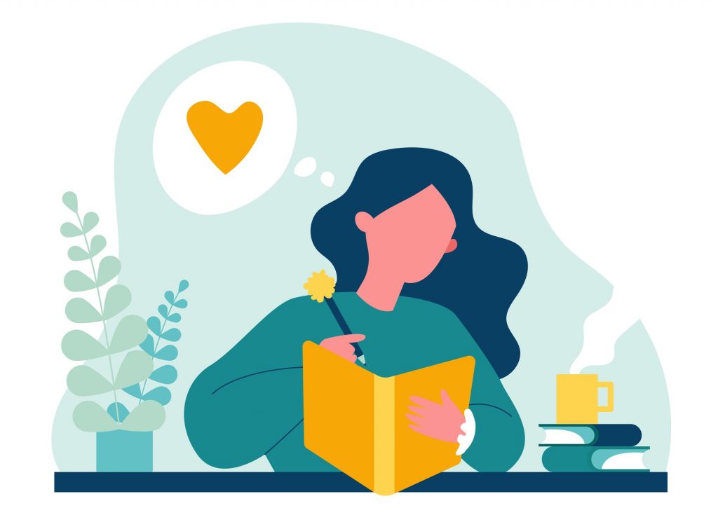 Girl writing diary or journal. Happy young woman reading book and taking notes with pencil. Vector illustration for journal, author, student, teenager in love concept