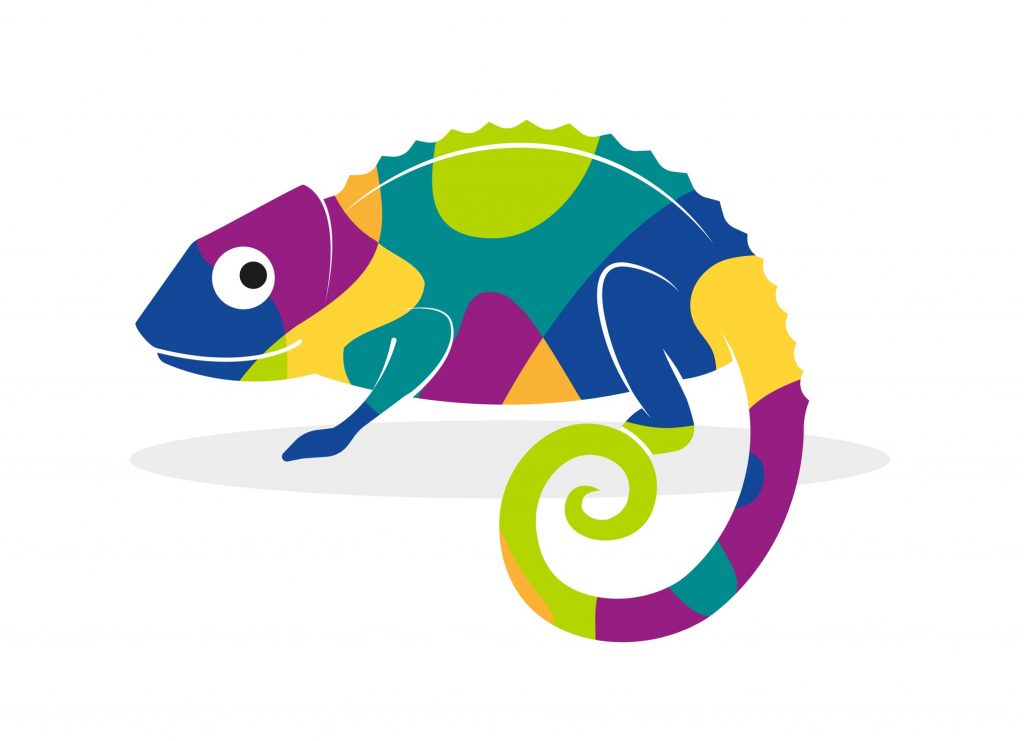 Vector illustration of a colorful chameleon on a white background. Concept of change and resilience represented with the chameleon metaphor.