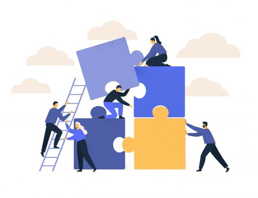 Business concept. Team metaphor. people connecting puzzle elements. Vector illustration flat design style. Symbol of teamwork, cooperation, partnership