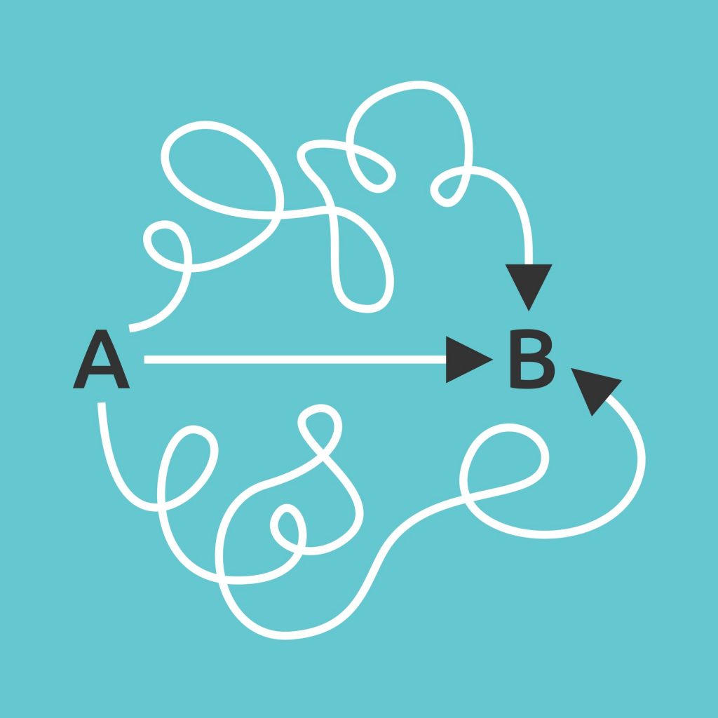Simple short straight and complicated long curved paths from A to B. Easy and difficult ways, simplicity and confusion concept. Flat design. EPS 8 vector illustration, no transparency, no gradients
