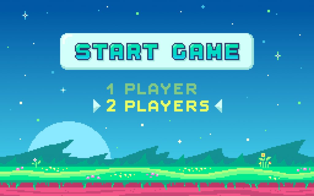 Pixel art UI design with outdoor landscape background. Colorful pixel arcade screen for game design. Banner with button Start Game . Game design concept in retro style. Vector illustration.