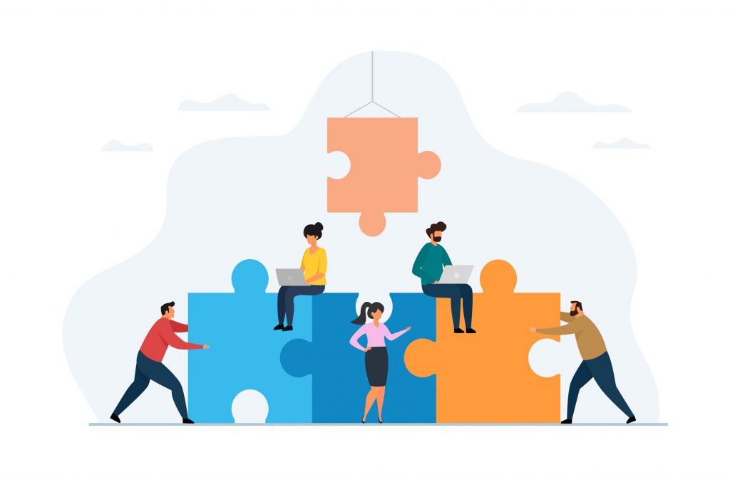 Vector illustration of Teamwork concept. Team people working together with giant puzzle elements.