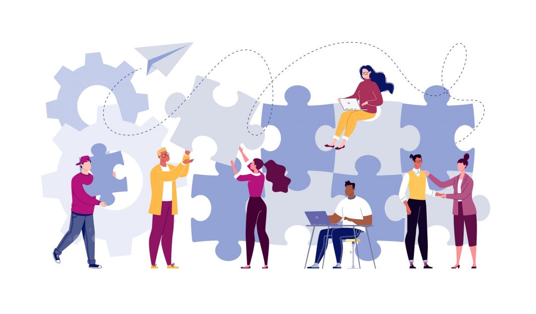 Team building concept. Business team metaphor. Business partners or company employees work together on a project. Young people put together puzzle pieces. Illustration.Vector. Flat. Cartoon.