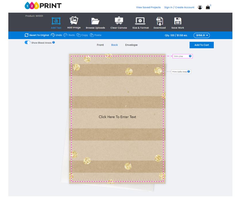 Wedding invitation background with tan stripes and gold dots in digital product personalizer on 123Print website.