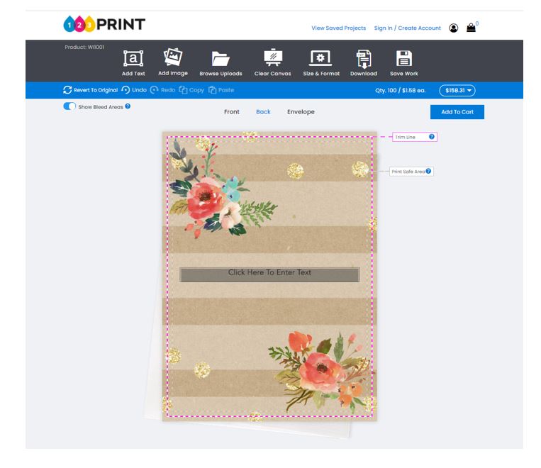 Digital product personalizer on 123Print website with wedding invitation featuring tan stripes, gold dots, and floral accents.