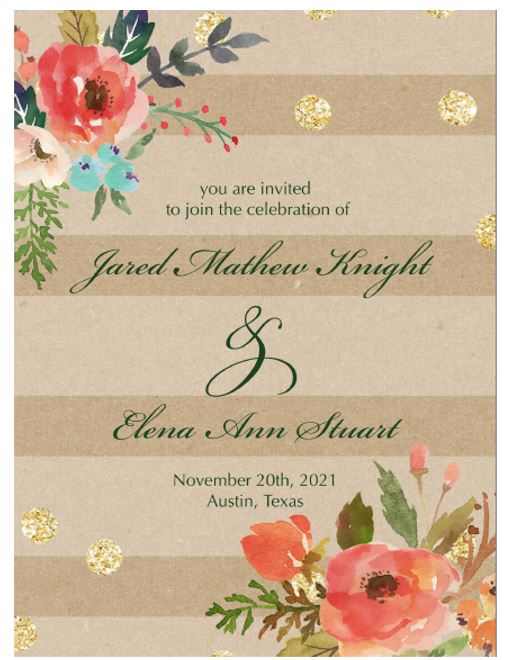 Tan-striped wedding invitation with gold dots, floral accents, and green text.