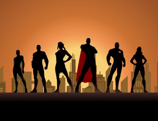 A silhouette style vector illustration of a team of superheroes with city skyline in the background. Wide screen format, wide space available for your copy.