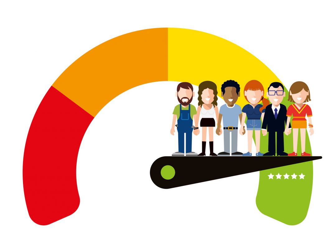 Vector Illustration of some Happy Multi-Ethnic Group Workers on a Satisfaction Five Stars Quality Meter