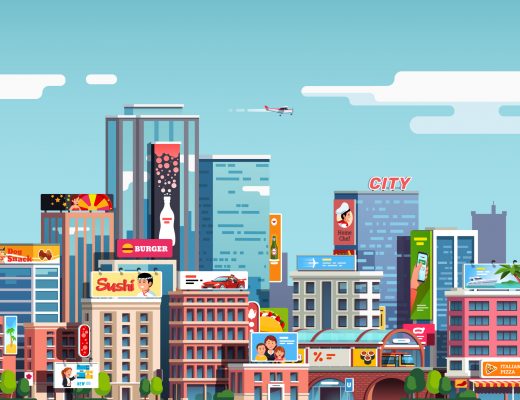 City downtown scenery with skyscrapers, commercial buildings, outdoor advertising billboards. City center cityscape. Business downtown, lots of ad's. Flat vector illustration isolated on background