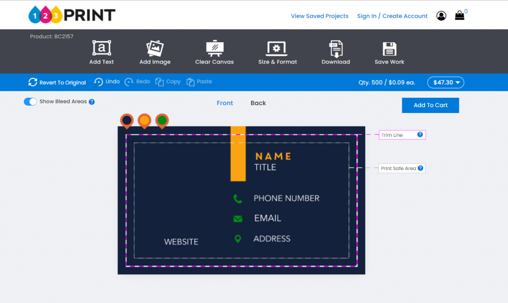 Editing a business card in the 123Print product editor.