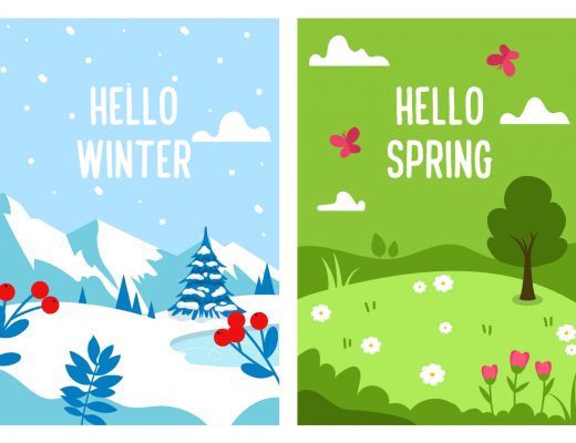Seasons backgrounds. Autumn, Spring, Summer, Winter. Flat banners design template A4 Vector illustration