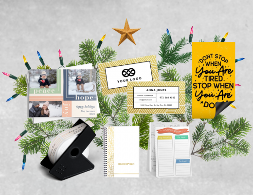 A range of print marketing and stationery products with a holiday and Christmas theme.