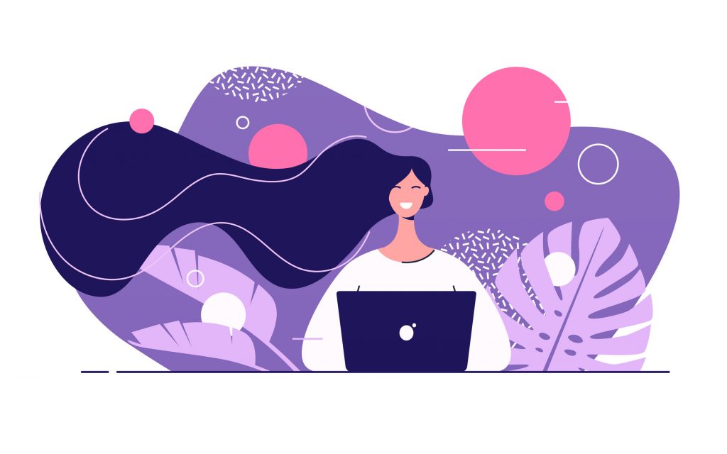  illustration of a young woman with laptop surrounded by tropical leaves.