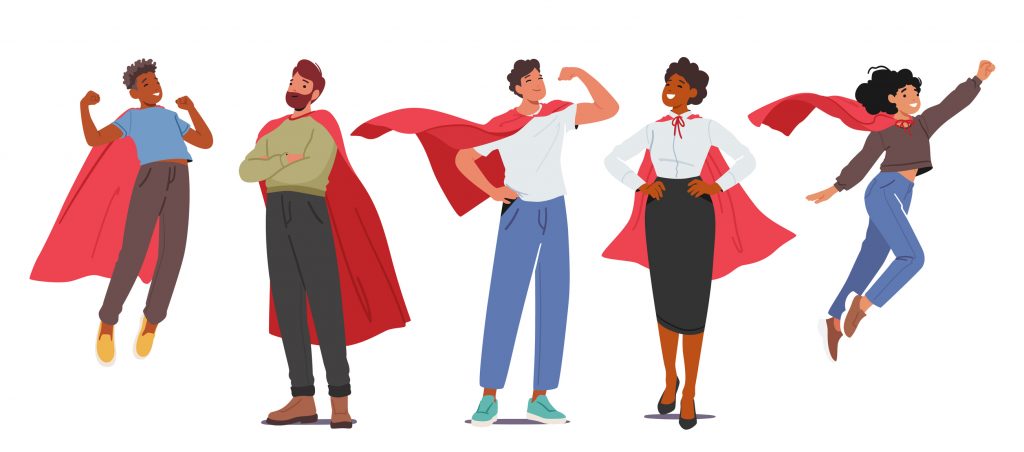 Cartoon of regular people wearing red superhero capes.