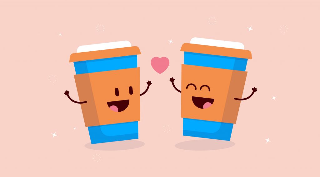 Two cartoon coffee cups smiling at each other with a heart between them.